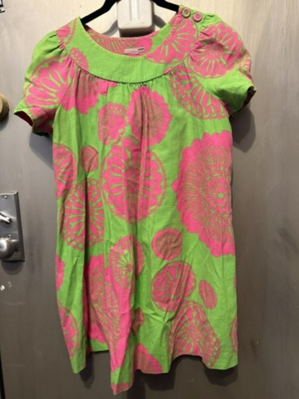 Vintage lime green and pink floral print baby doll trapeze swing mini dress